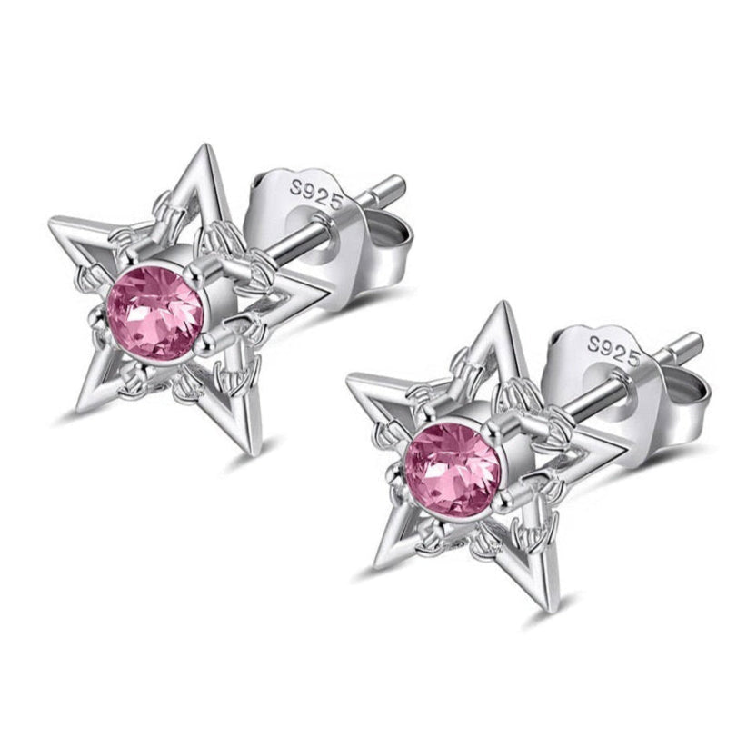 SILVER BARBWIRE STAR EARRINGS - PINK