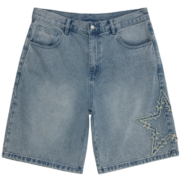 FRAYED BARBWIRE STAR DENIM SHORT