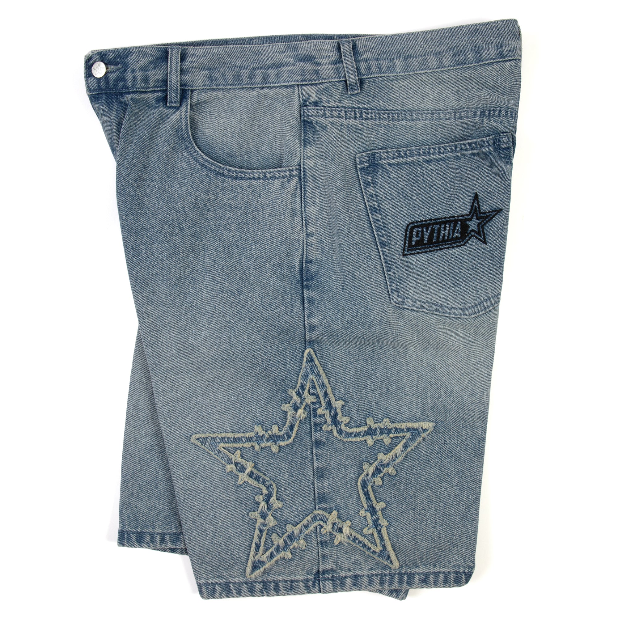 FRAYED BARBWIRE STAR DENIM SHORT