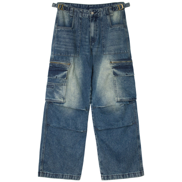 BELTED CARGO POCKET DENIM - MEDIUM BLUE